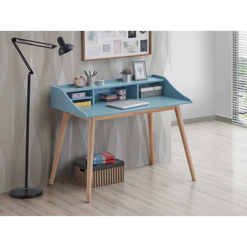Mid-Century Modern Writing Desk with Hutch Shelves and Solid Wood Legs