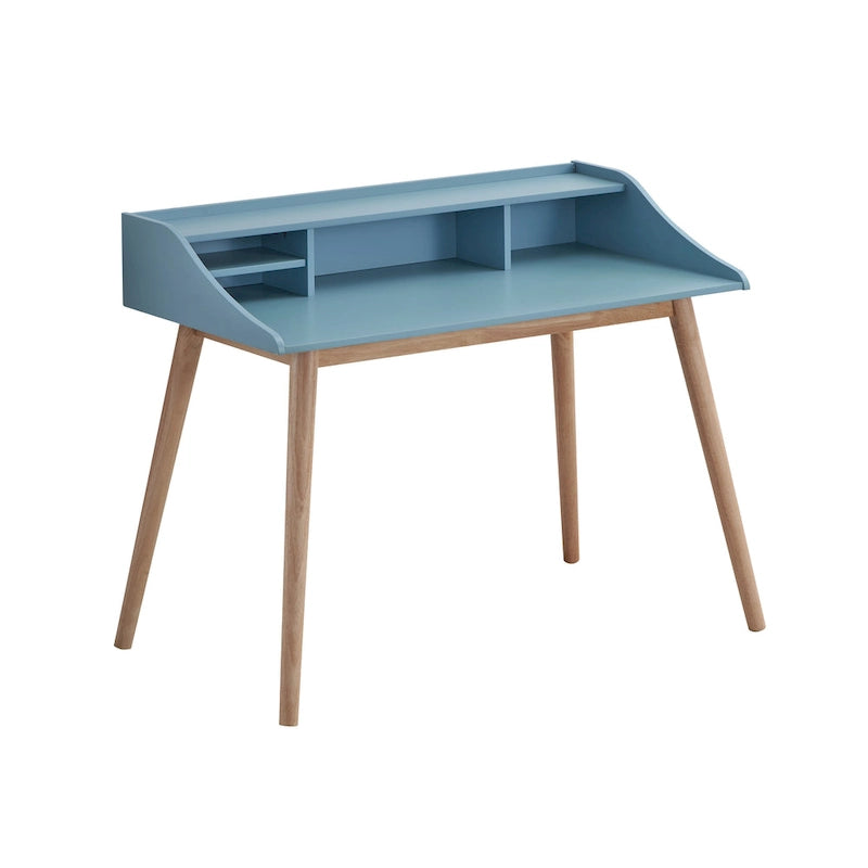 Mid-Century Modern Writing Desk with Hutch Shelves and Solid Wood Legs