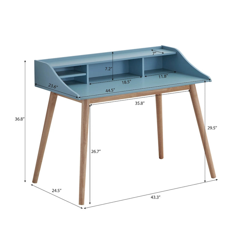Mid-Century Modern Writing Desk with Hutch Shelves and Solid Wood Legs