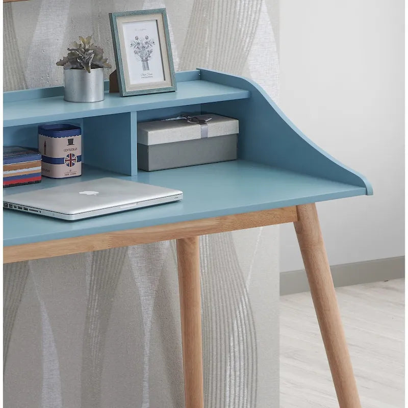 Mid-Century Modern Writing Desk with Hutch Shelves and Solid Wood Legs