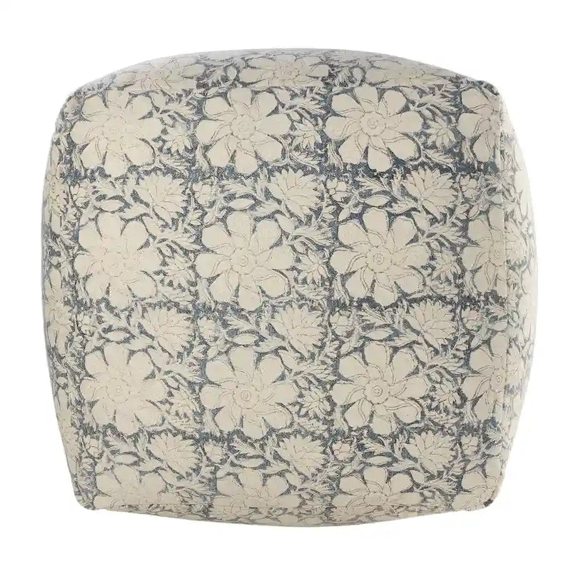 Navy Blue and White Floral Square Pouf Ottoman