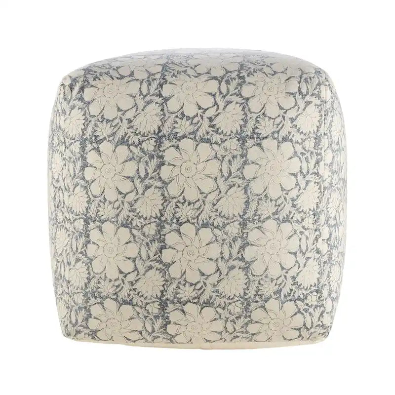 Navy Blue and White Floral Square Pouf Ottoman