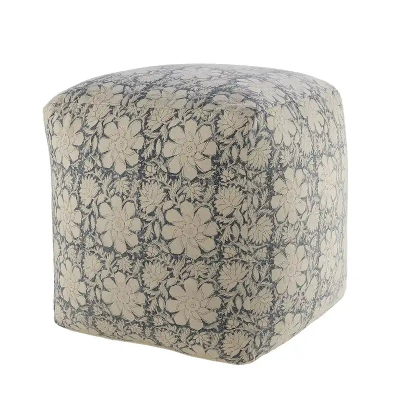 Navy Blue and White Floral Square Pouf Ottoman