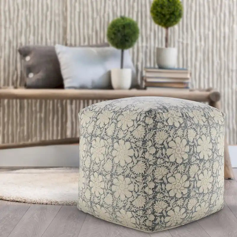 Navy Blue and White Floral Square Pouf Ottoman