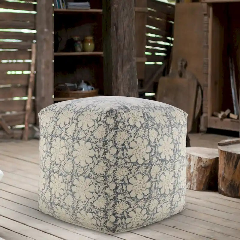 Navy Blue and White Floral Square Pouf Ottoman