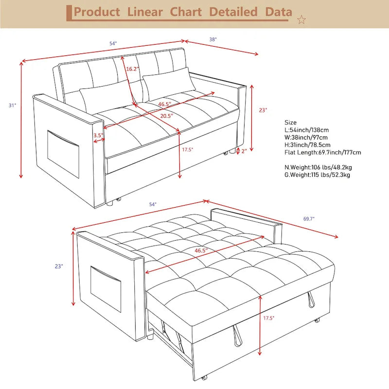 Modern Convertible Sofa Bed with Adjustable Backrest and Storage Pouches