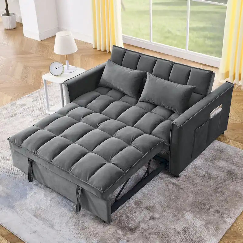 Modern Convertible Sofa Bed with Adjustable Backrest and Storage Pouches