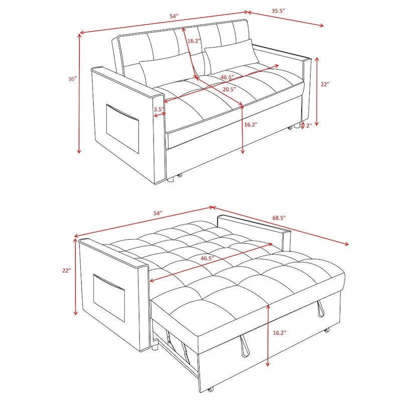 Modern Convertible Sofa Bed with Adjustable Backrest and Storage Pouches