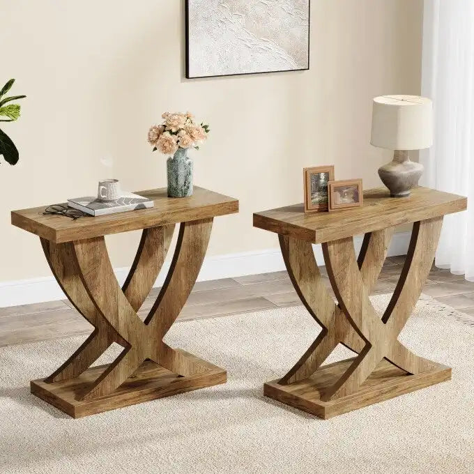 Farmhouse End Table, Narrow Side Table with Fishtail Support Design for Living Room, Study, Brown