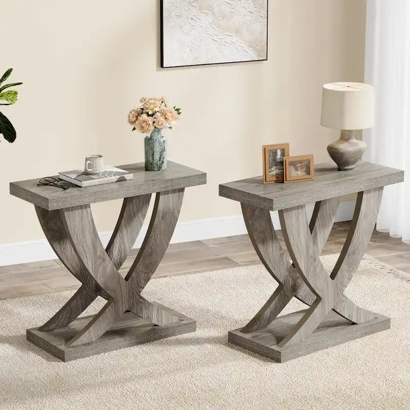 Farmhouse End Table, Narrow Side Table with Fishtail Support Design for Living Room, Study, Brown