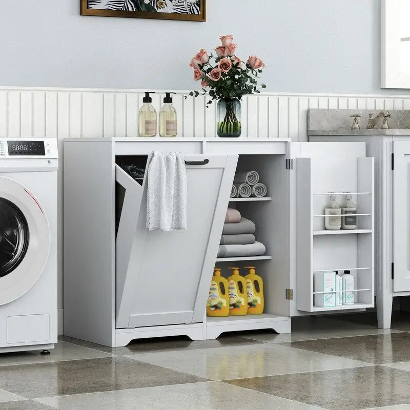 Freestanding Bathroom Laundry Cabinet with Doors and shelf, Tilt-Out Laundry Hamper