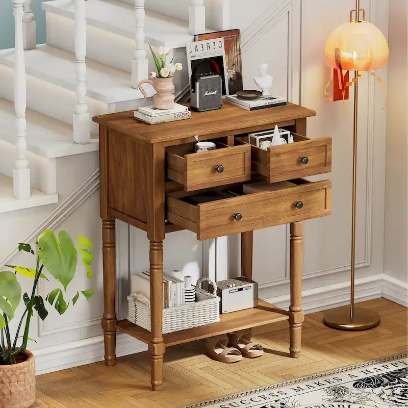 Classic Console Table with Three Storage Drawers and Bottom Shelf