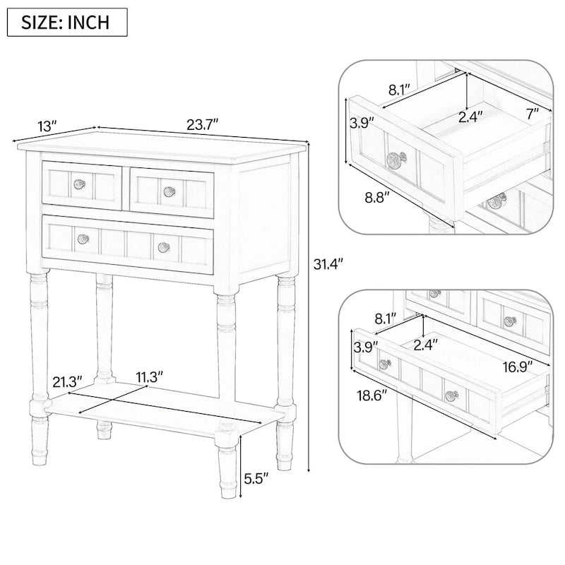 Classic Console Table with Three Storage Drawers and Bottom Shelf