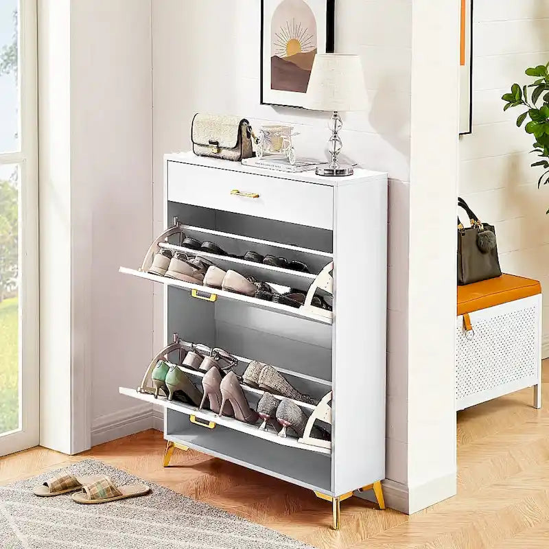 Narrow Shoe Storage Cabinet with Flip Drawers and Metal Legs