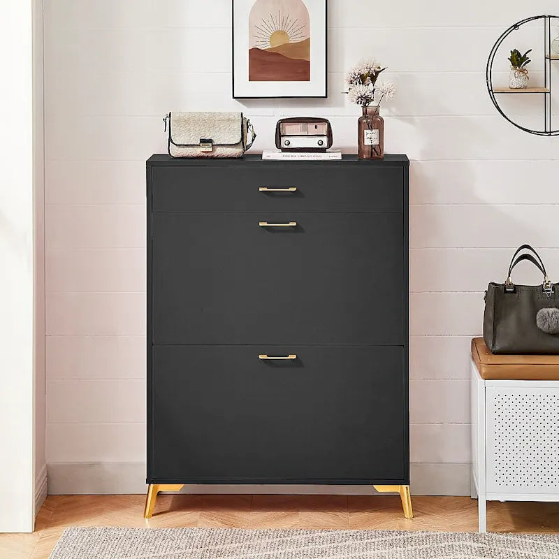 Narrow Shoe Storage Cabinet with Flip Drawers and Metal Legs