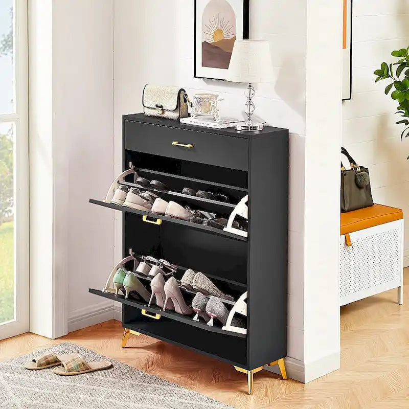 Narrow Shoe Storage Cabinet with Flip Drawers and Metal Legs