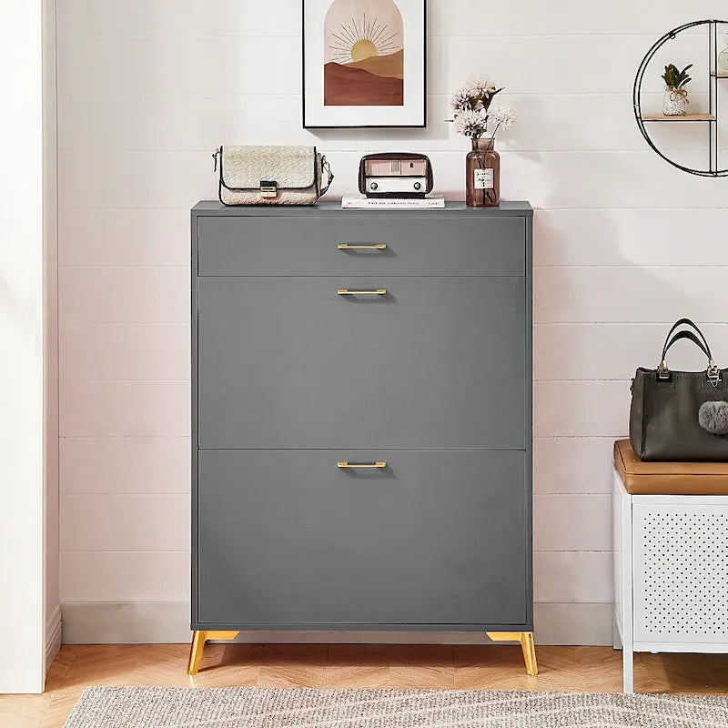 Narrow Shoe Storage Cabinet with Flip Drawers and Metal Legs