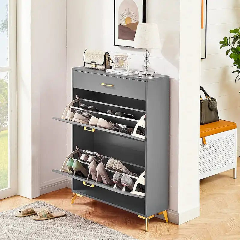 Narrow Shoe Storage Cabinet with Flip Drawers and Metal Legs