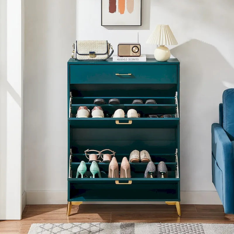 Narrow Shoe Storage Cabinet with Flip Drawers and Metal Legs