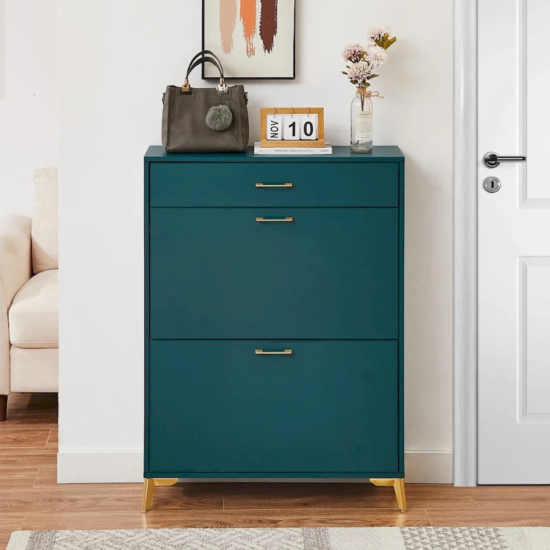 Narrow Shoe Storage Cabinet with Flip Drawers and Metal Legs