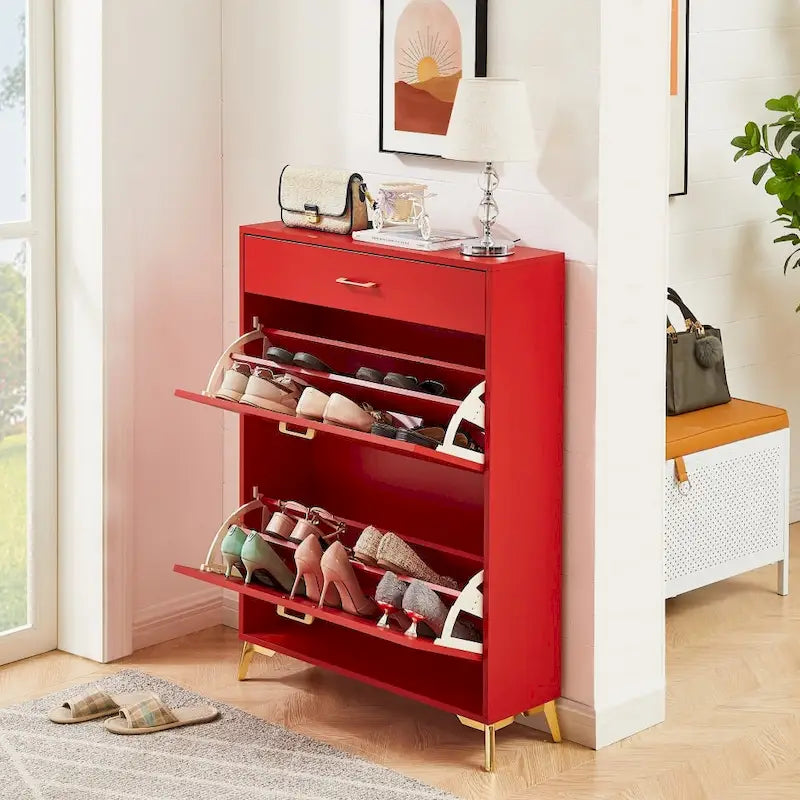 Narrow Shoe Storage Cabinet with Flip Drawers and Metal Legs