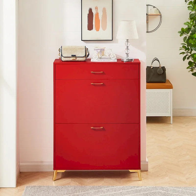 Narrow Shoe Storage Cabinet with Flip Drawers and Metal Legs