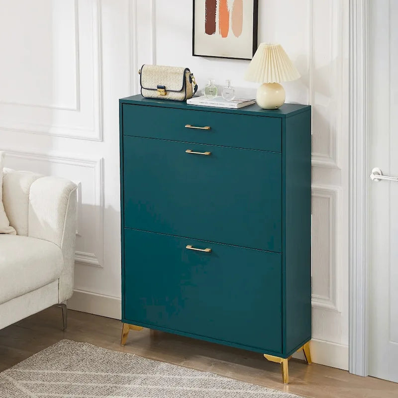 Narrow Shoe Storage Cabinet with Flip Drawers and Metal Legs