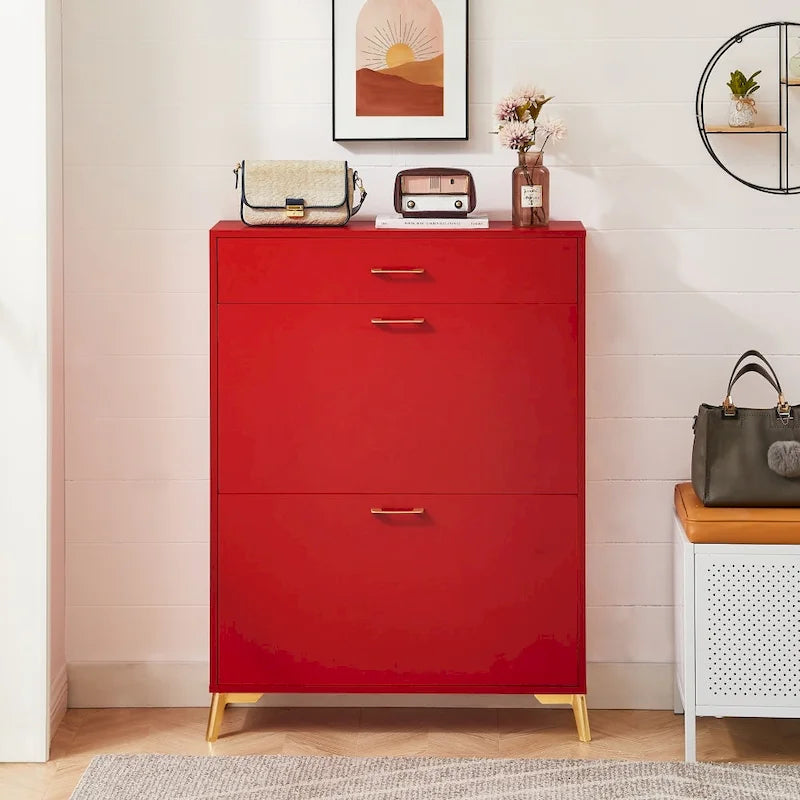 Narrow Shoe Storage Cabinet with Flip Drawers and Metal Legs