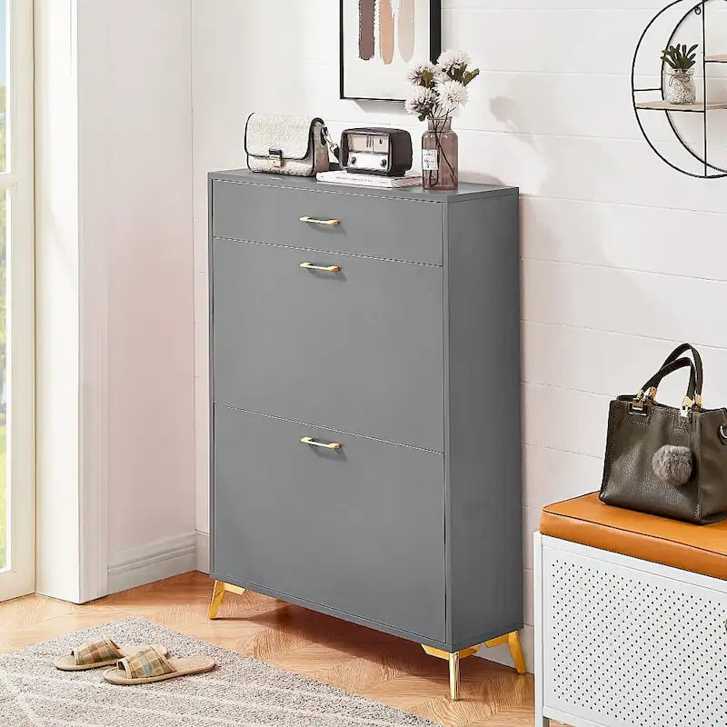 Narrow Shoe Storage Cabinet with Flip Drawers and Metal Legs