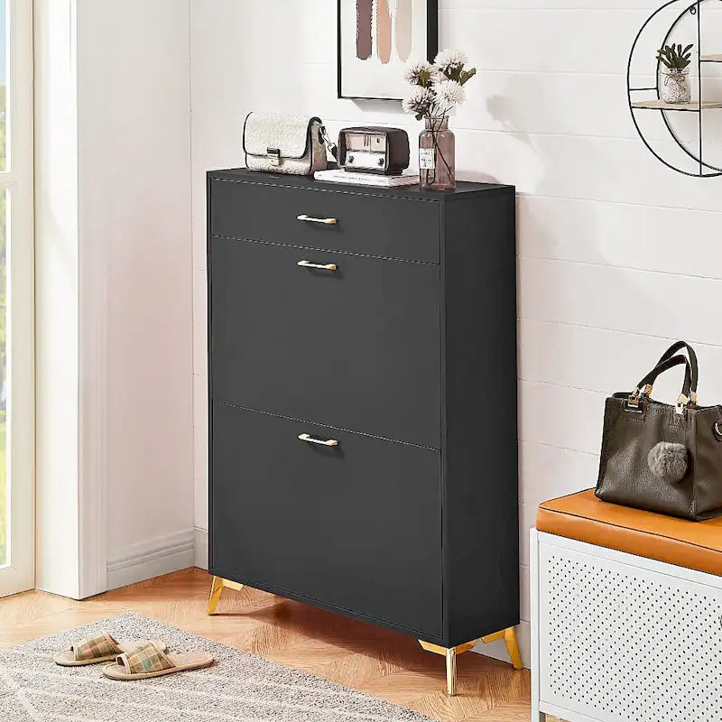 Narrow Shoe Storage Cabinet with Flip Drawers and Metal Legs