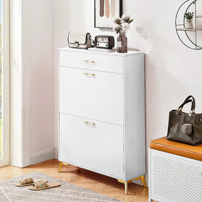 Narrow Shoe Storage Cabinet with Flip Drawers and Metal Legs