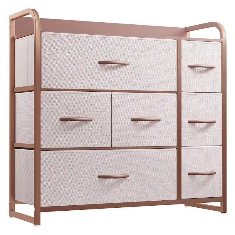7-Drawer Fabric Storage Dresser with Wood Top and Metal Frame