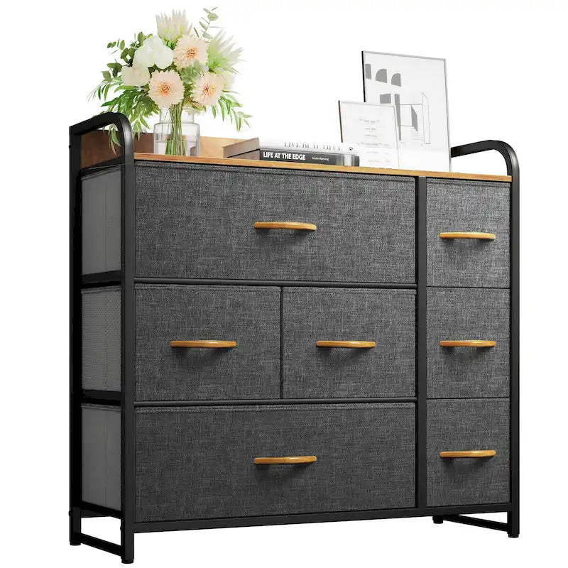 7-Drawer Fabric Storage Dresser with Wood Top and Metal Frame