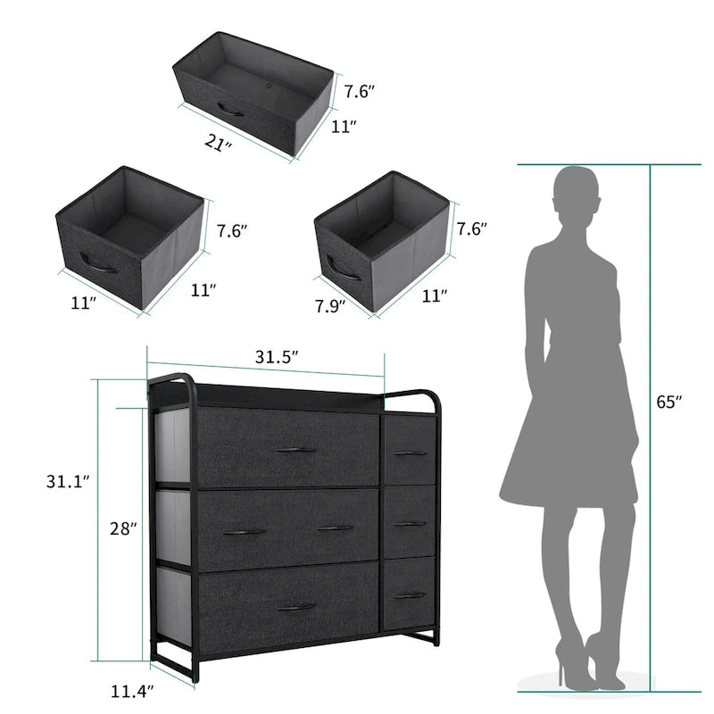 7-Drawer Fabric Storage Dresser with Wood Top and Metal Frame