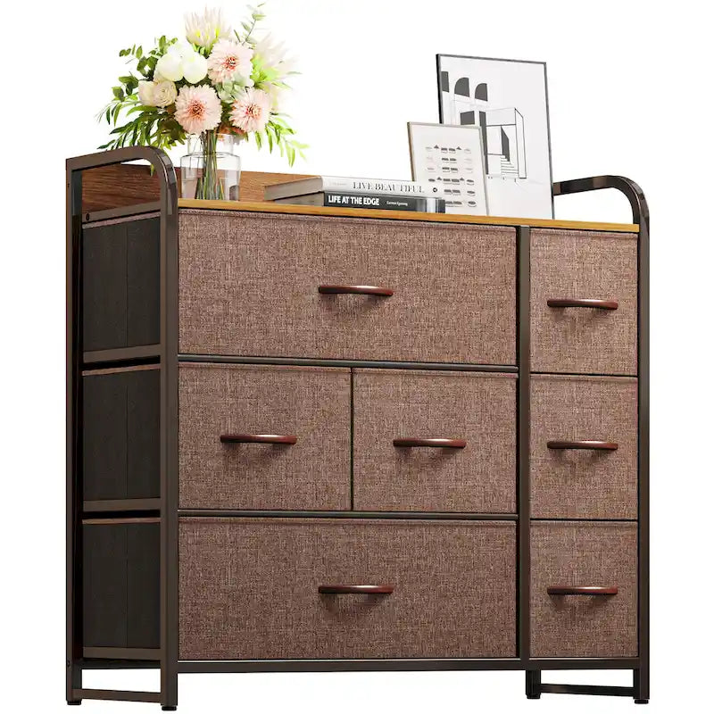7-Drawer Fabric Storage Dresser with Wood Top and Metal Frame