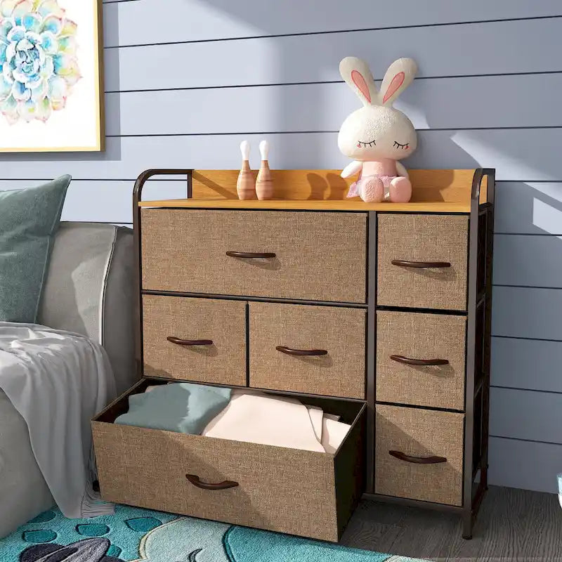 7-Drawer Fabric Storage Dresser with Wood Top and Metal Frame