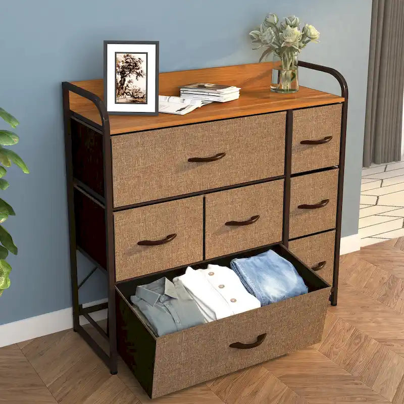7-Drawer Fabric Storage Dresser with Wood Top and Metal Frame