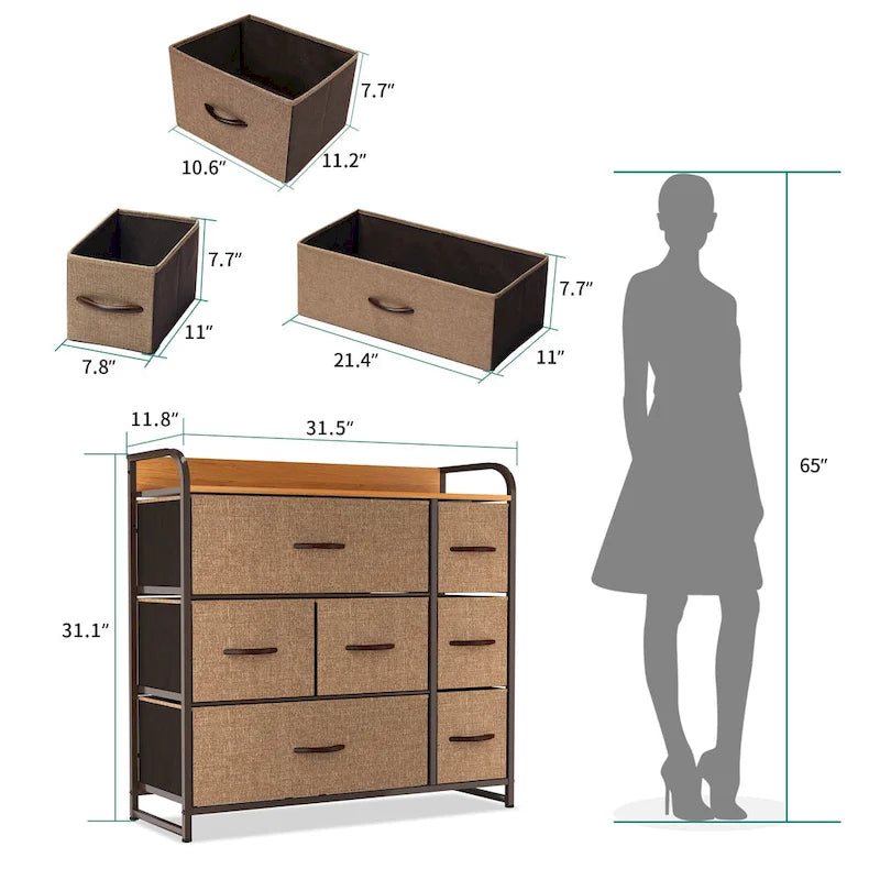 7-Drawer Fabric Storage Dresser with Wood Top and Metal Frame