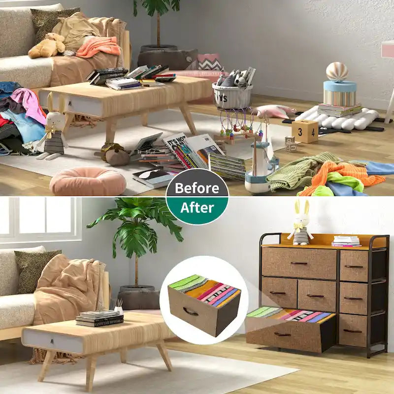 7-Drawer Fabric Storage Dresser with Wood Top and Metal Frame