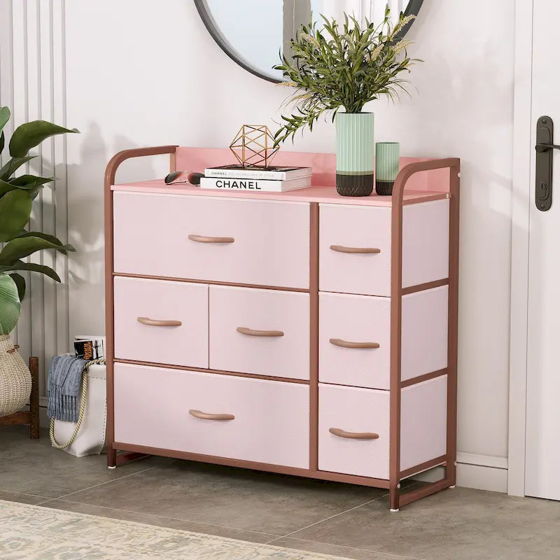 7-Drawer Fabric Storage Dresser with Wood Top and Metal Frame
