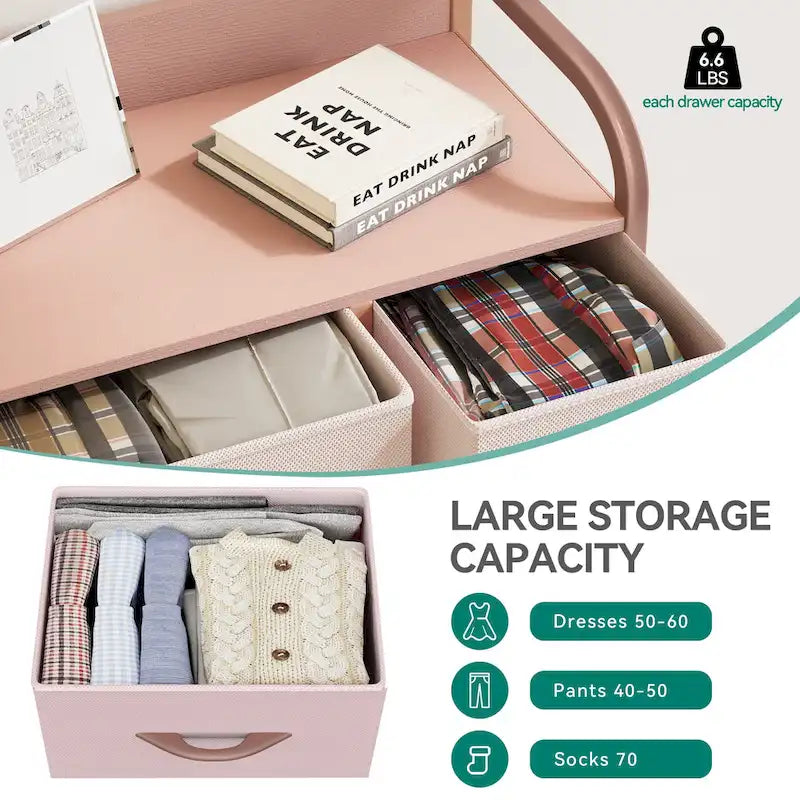 7-Drawer Fabric Storage Dresser with Wood Top and Metal Frame