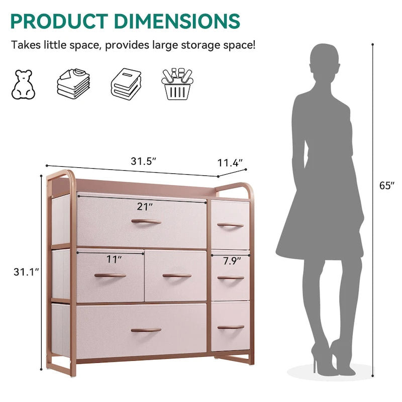 7-Drawer Fabric Storage Dresser with Wood Top and Metal Frame
