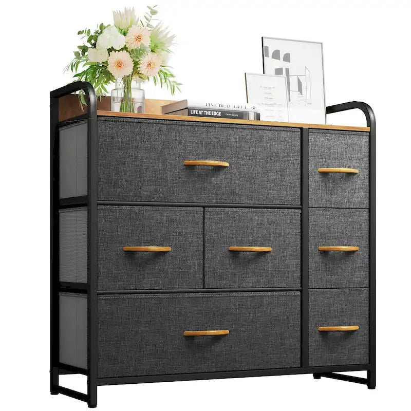 7-Drawer Fabric Storage Dresser with Wood Top and Metal Frame