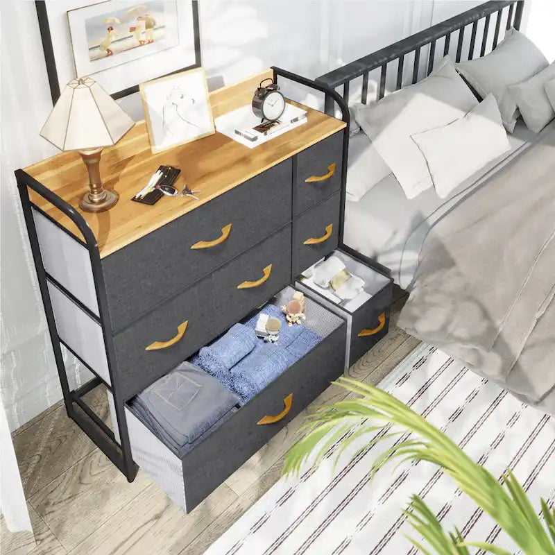 7-Drawer Fabric Storage Dresser with Wood Top and Metal Frame