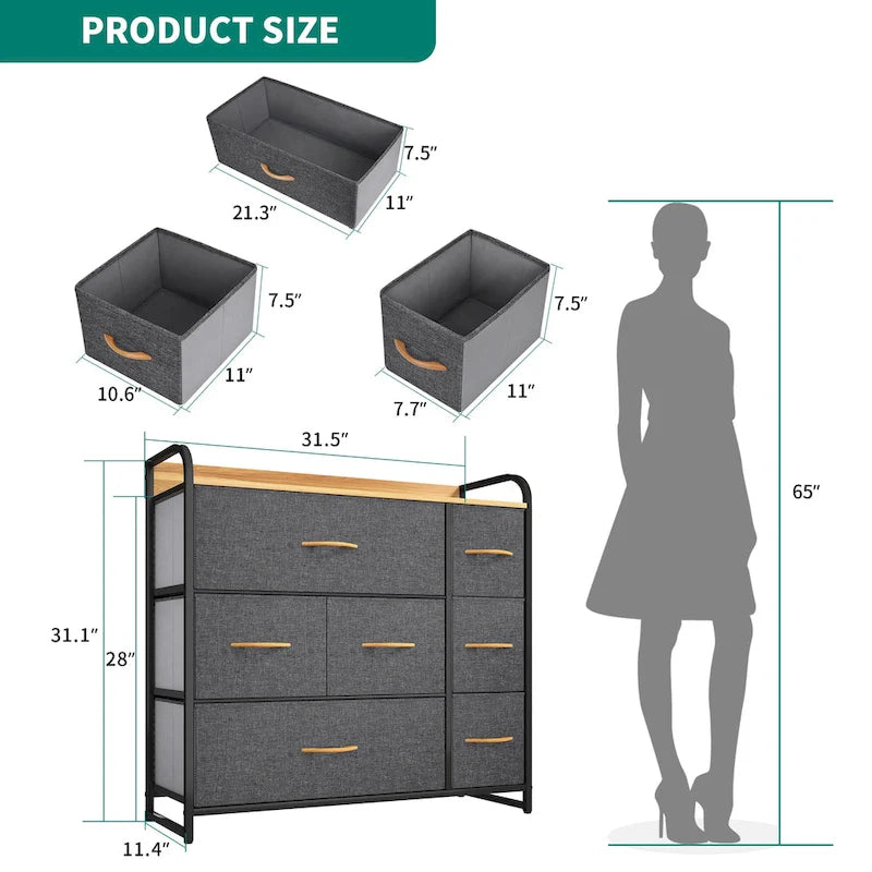 7-Drawer Fabric Storage Dresser with Wood Top and Metal Frame
