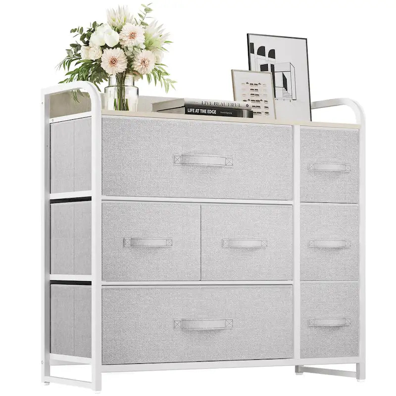 7-Drawer Fabric Storage Dresser with Wood Top and Metal Frame