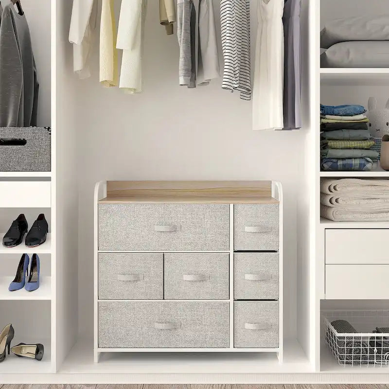 7-Drawer Fabric Storage Dresser with Wood Top and Metal Frame