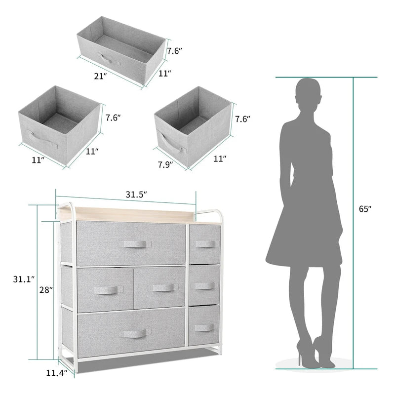 7-Drawer Fabric Storage Dresser with Wood Top and Metal Frame