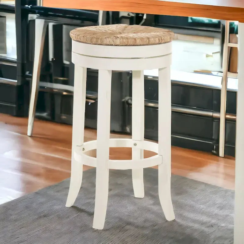 30-Inch Natural and Antiqued White Solid Wood Swivel Backless Bar Stool with Footrest