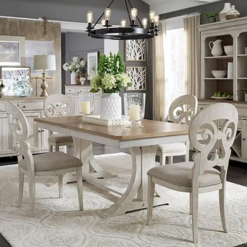 Antique White and Chestnut Trestle Dining Table